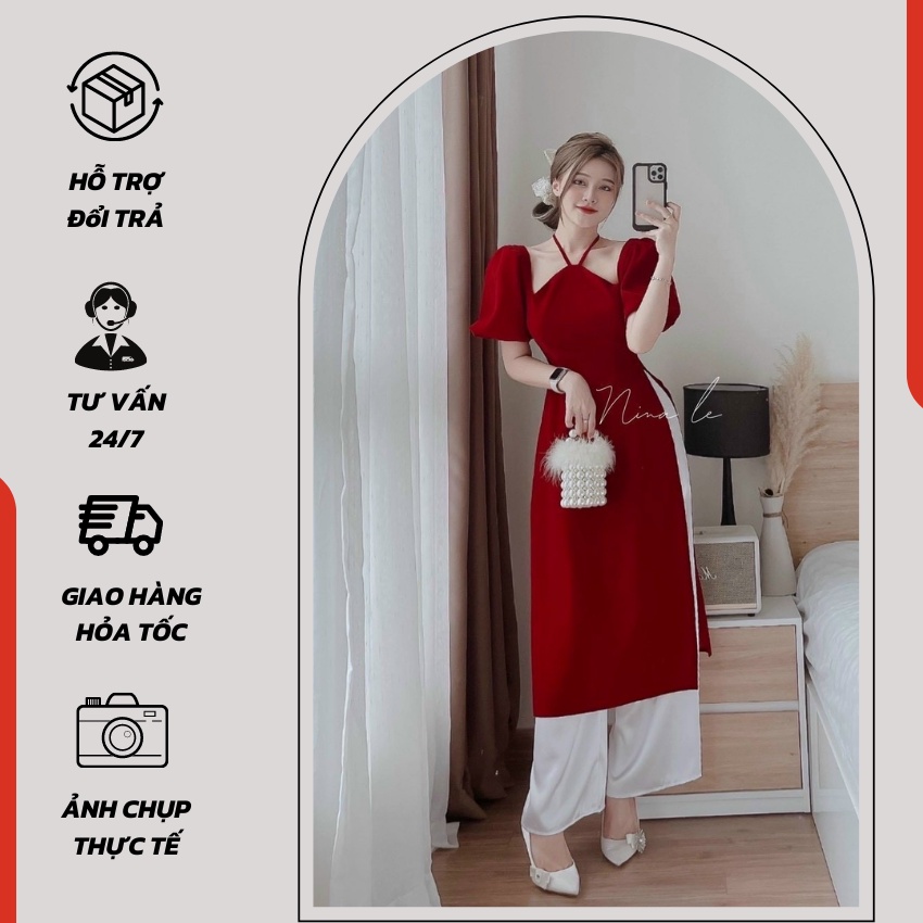 Sét bộ áo dài cách tân cổ yếm tay phồng kèm quần ống rộng, chất nhung siêu đẹp - 1356