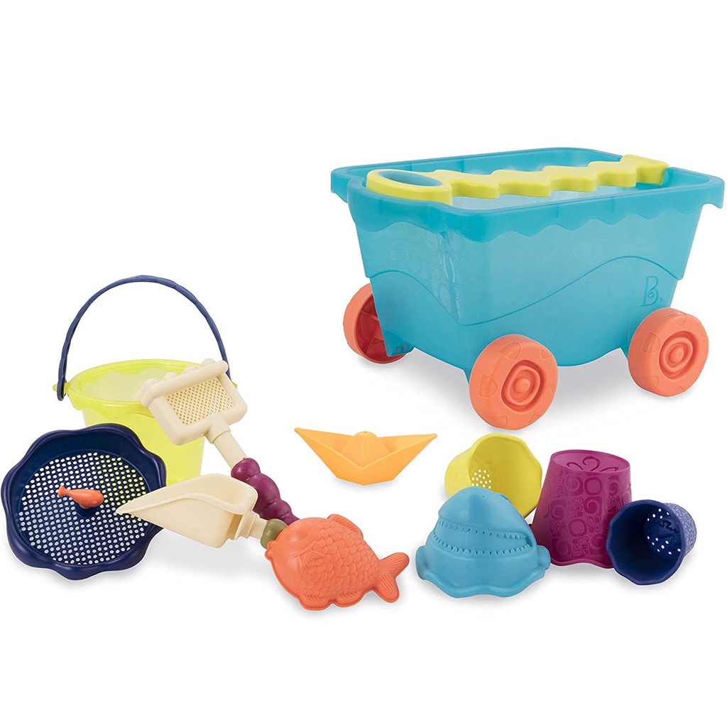 Đồ chơi Xe du lịch biển B.toys (xanh): 11 dụng cụ chơi cát và xe kéo chở đồ tiện lợi gọn gàng