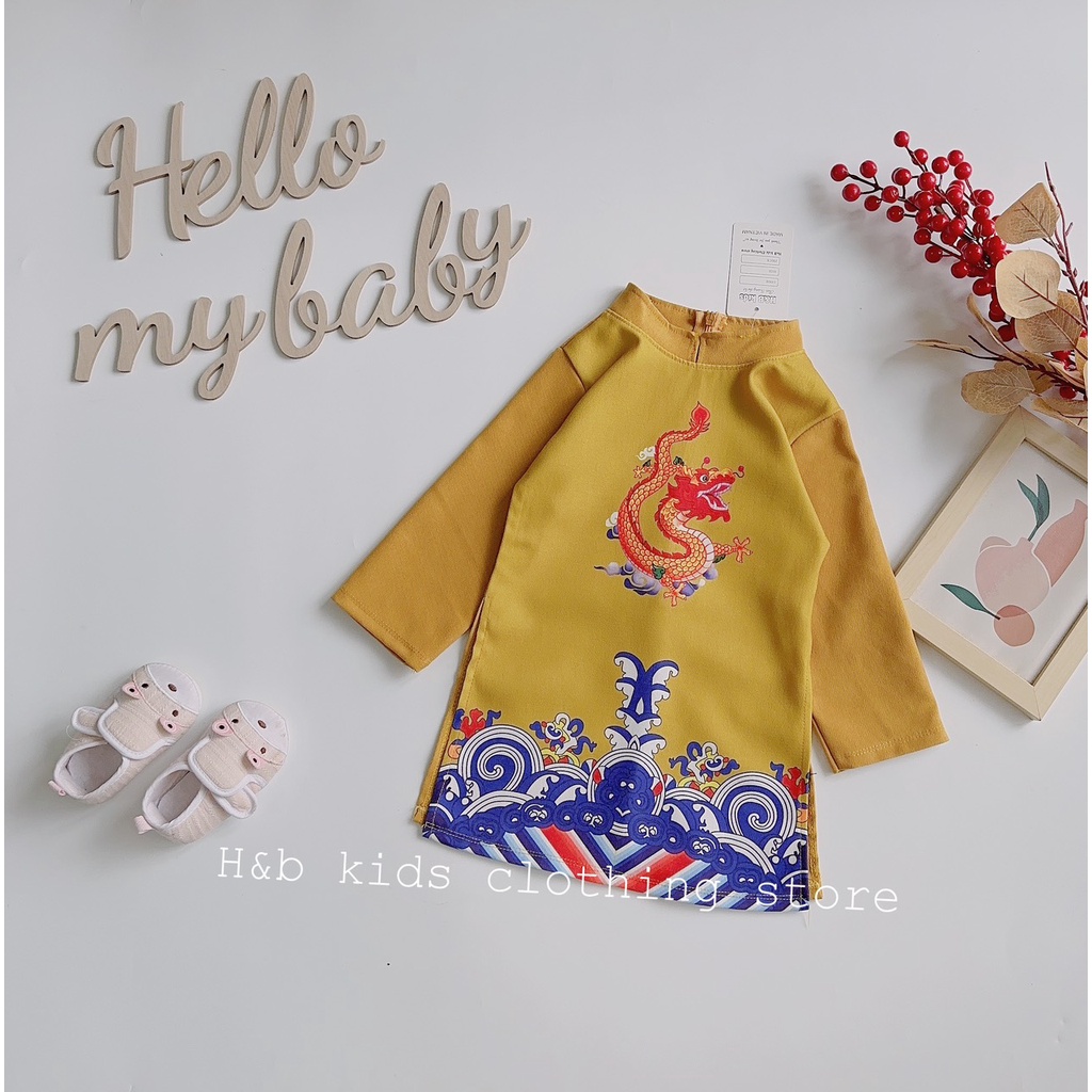 Áo dài tết hình rồng cách tân màu Đỏ vàng cho bé trai