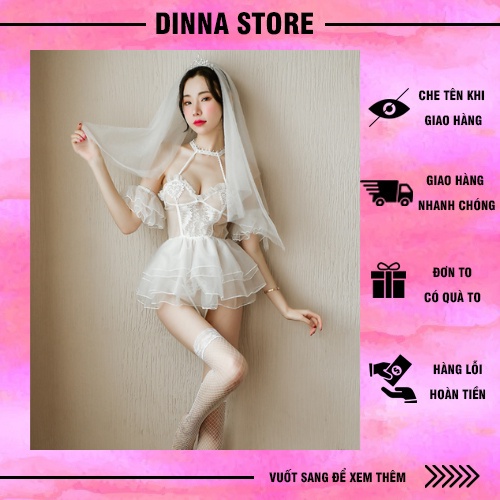 Cosplay hóa trang cô dâu sexy voan mỏng xuyên thấu gợi cảm kèm phụ kiện và tất mã 920