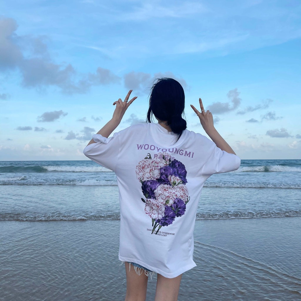 Áo Thun Wooyoungmi Tay Ngắn Cổ Tròn In Họa Tiết Hoa Tím Thời Trang Cho Nam Và Nữ