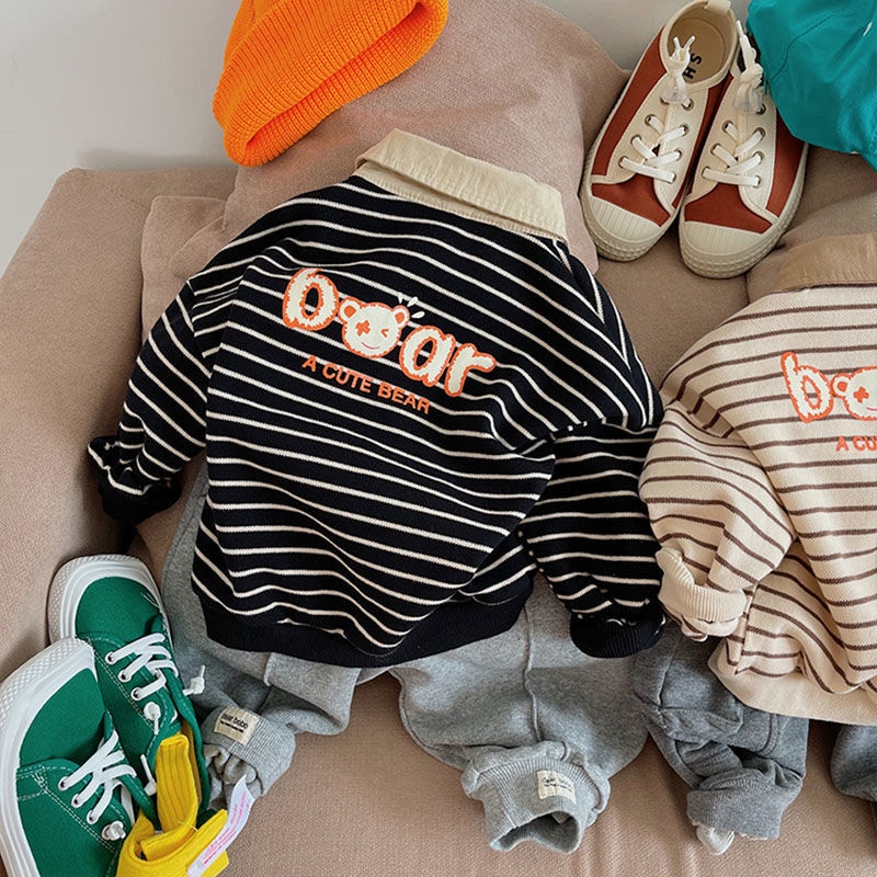 Áo polo Tay Dài Dáng Rộng Họa Tiết Kẻ Sọc Trắng Đen Phong Cách Hàn Quốc Thời Trang Cho Bé Trai 2021