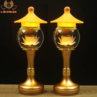 Cặp 2 cây đèn thờ dùng pin hoặc cắm điện hoa sen pha lê thờ cúng trang trí