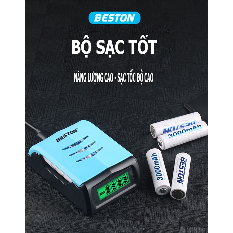 (C9001 + 4 pin AA3000mAh) Combo sạc kèm 4 viên pin AA thông minh tự ngắt chính hãng Beston - Chuyên dùng Micro Karaoke