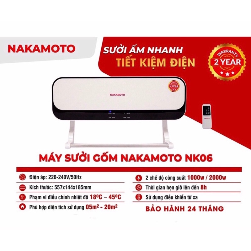 ĐIỀU HÒA GỐM 2 CHIỀU, MÁY SƯỞI NAKAMOTO NHẬT BẢN NK06 CÓ KHIỂN-BH 24 THÁNG