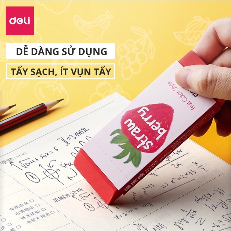 Gôm tẩy siêu to Deli hình vẽ hoa quả - cỡ lớn dùng lâu dài ít vụn tẩy sạch không gãy xóa chì 2B dành cho học sinh