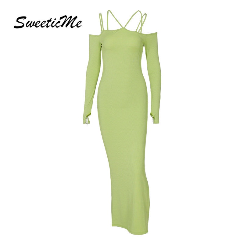 Đầm Tay Dài Hở Vai Màu Trơn Dáng Ôm Thời Trang   Dành Cho Bạn Nữ