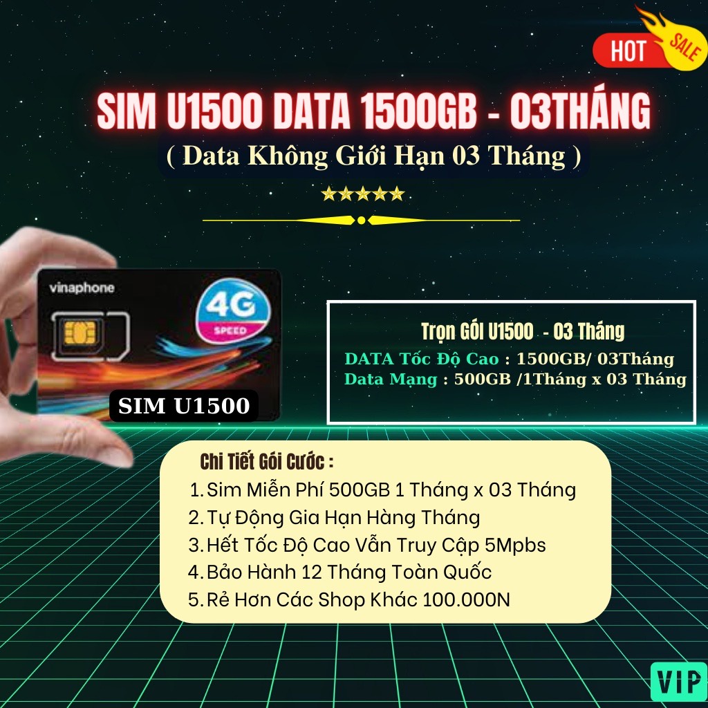 Sim Vina U1500 Miễn Phí Data Không Giới Hạn , Max Băng Thông 12 Tháng