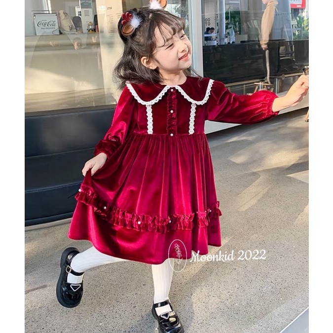 Váy bé gái dài tay chất nhung kết hợp tơ óng 2 lớp cao cấp cho bé gái từ 8-20kg