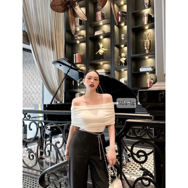 Áo phông rúm trễ vai co giãn nhẹ 45-53kg về 4 màu chuẩn mẫu