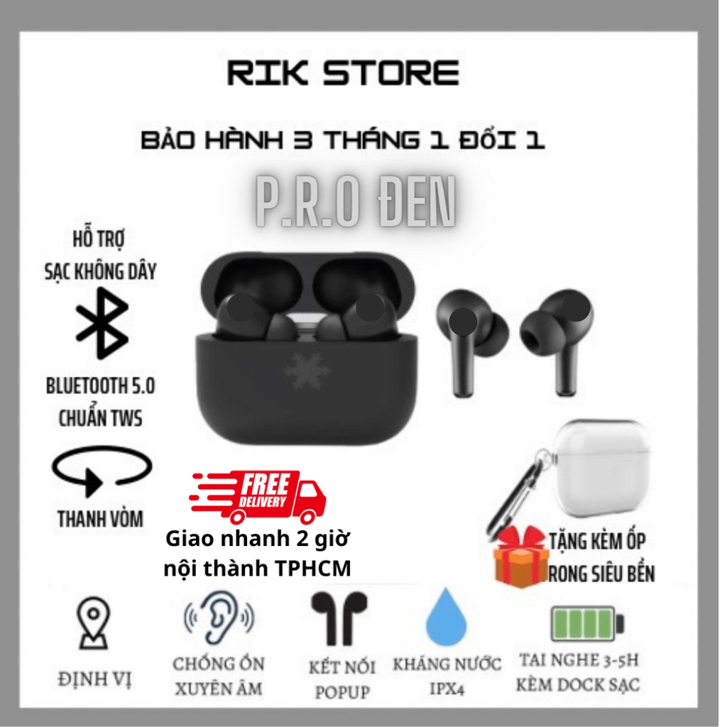 Tai Nghe Bluetooth Pr0 Đen Cao Cấp, Tai Nghe Không Dây Đen Đổi Tên, Định Vị, Cảm Ứng, Bảo Hành 1 Đổi 1