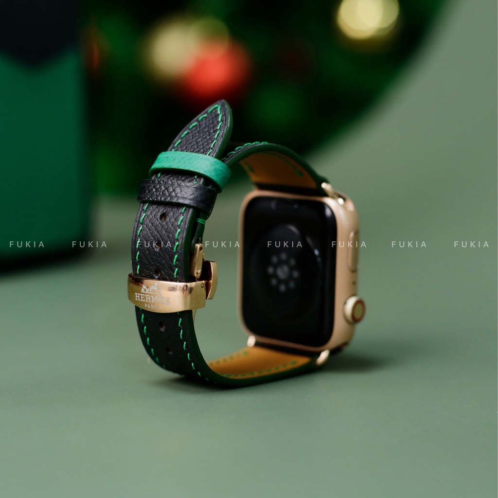 Combo dây và ốp da thủ công Epsom khe thẻ dọc xanh lá mix đen dành cho Apple Watch/ Đồng hồ cơ và Iphone CB037