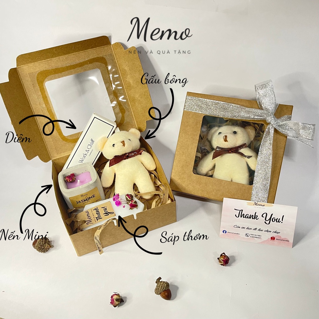 Hộp quà nến thơm, set quà nến thơm handmade tặng người yêu bạn gái ý nghĩa, dễ thương gấu bông
