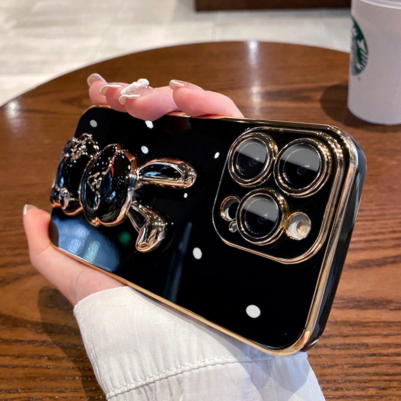 Ốp Điện Thoại iPhone 14 13 12 11 Pro max 14 plus case ốp lưng iphone 14 13 12 11 promax Dẻo Tráng Gương Họa Tiết Hoạt Hình Chú Thỏ Kèm Giá Đỡ Chống Sốc Sang Trọng Cho iP 14 plus 11 12 13 14 Pro max