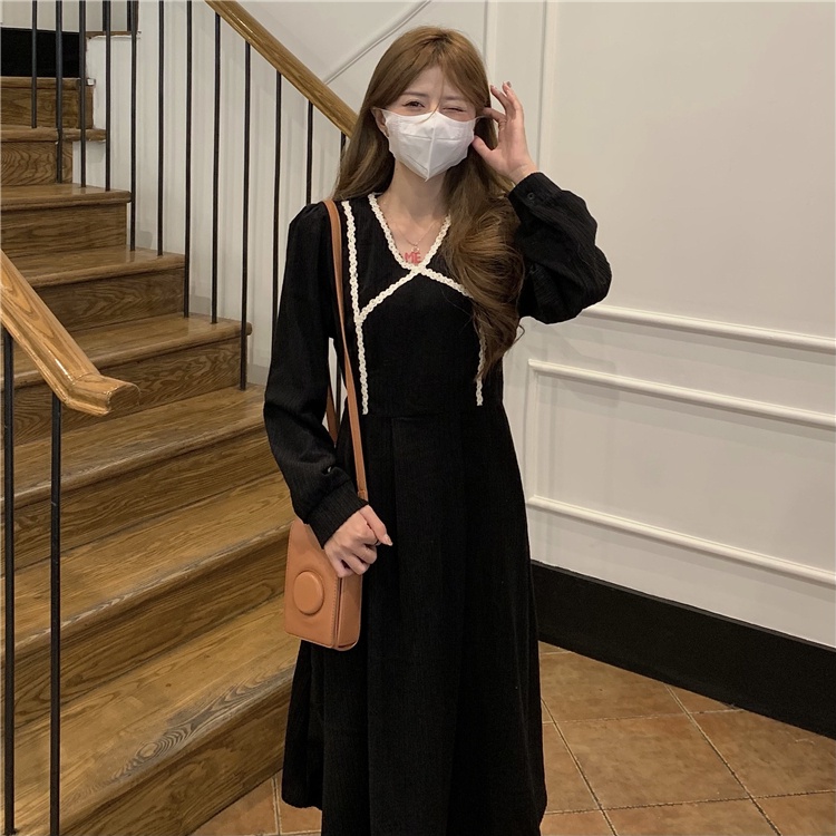 Đầm Nhung Kẻ Mềm Mại Dài Tay Dáng Rộng Thời Trang Mùa Thu Hàn Quốc Dành