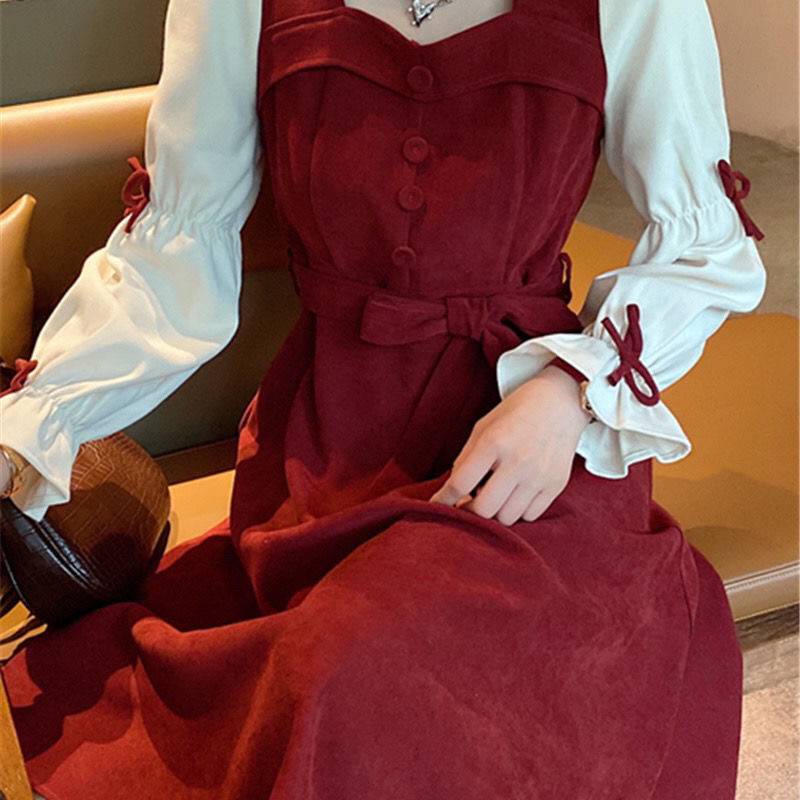 🎀váy babydoll váy dài tay thu đông váy mùa đông cho nữ set váy nữ váy xinh Đầm Nhung Tay Phồng Dáng Dài Vừa Thời Trang Mùa Thu 2021 Phong Cách Pháp Cổ Điển Dành Cho Bạn Nữ