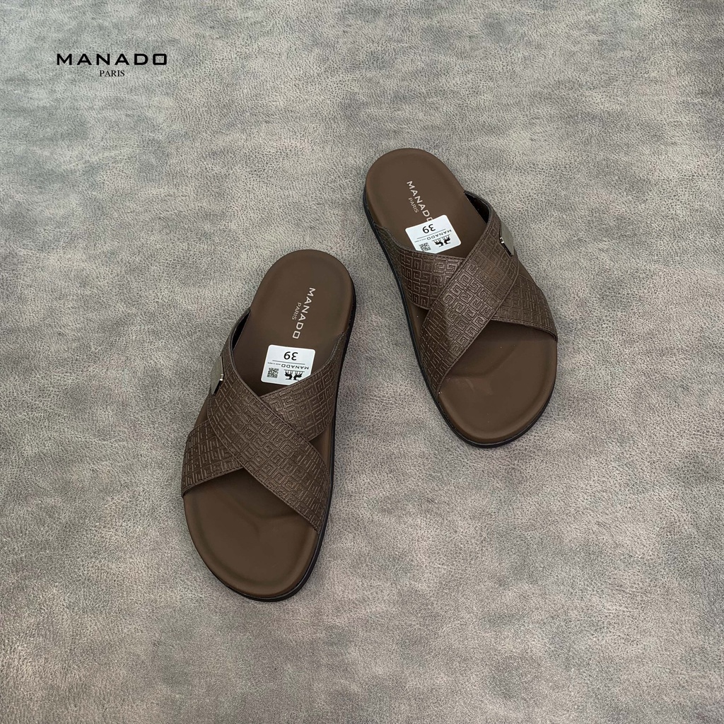 Dép da nam quai chéo cao cấp Manado Mã MND10 màu nâu fullbox, quai da mềm mại, đế cao su thiết kế chắc chắn