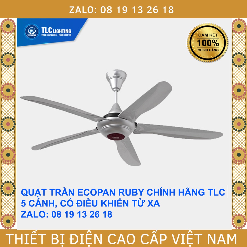 Quạt trần TLC ECOFAN RUBY, 5 cánh, màu bạc, có điều khiển từ xa, bảo hành 5 năm.