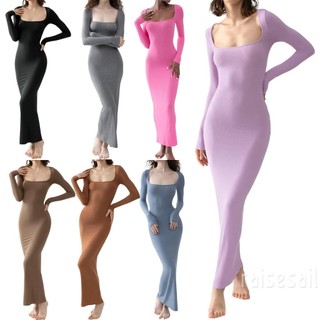 Rs-nữ Dài Bodycon Đầm Dệt Kim Màu Trơn Cổ Vuông Dài Tay