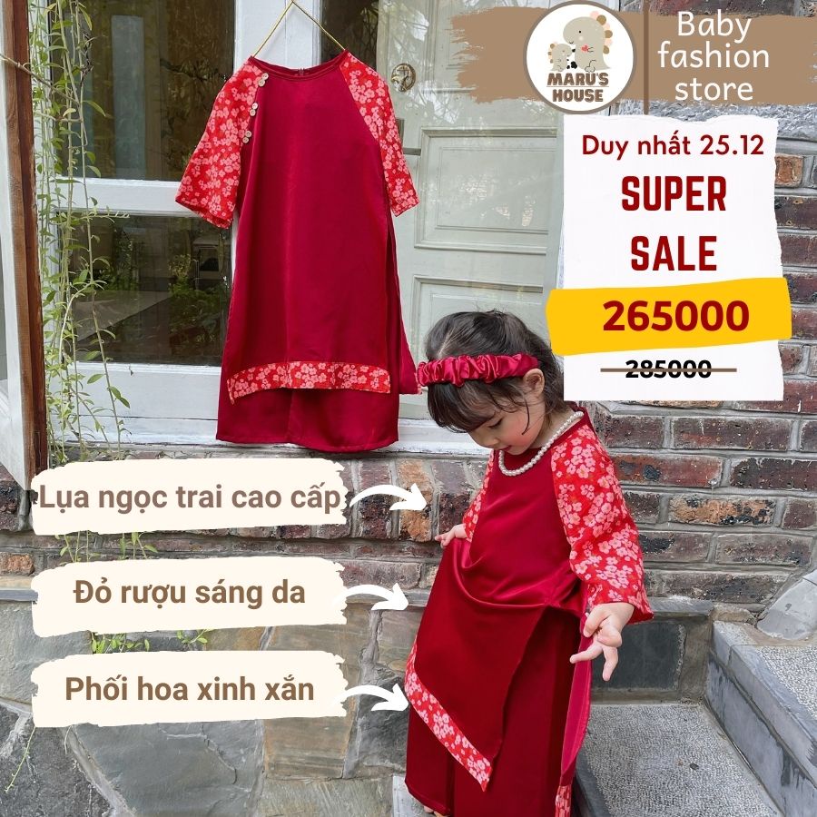 Bộ áo dài cho bé gái Maruhouse - Áo dài lụa cách tân thiết kế cao cấp tay phối hoa nhí cho bé từ 1-7 tuổi