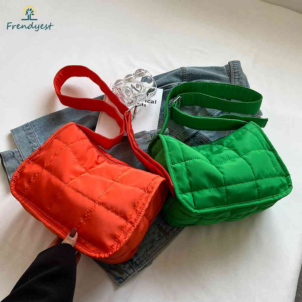 Frendyest Túi Xách Đeo Vai Cotton Chần Bông Màu Trơn Hình Thoi Đơn Giản Mua Sắm