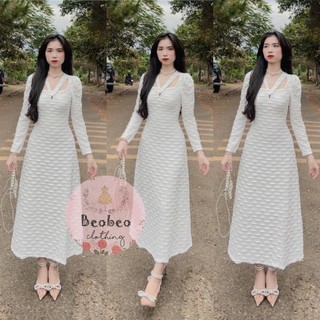 [Ảnh thật] Đầm midi trắng tay dài cổ yếm chéo vintage