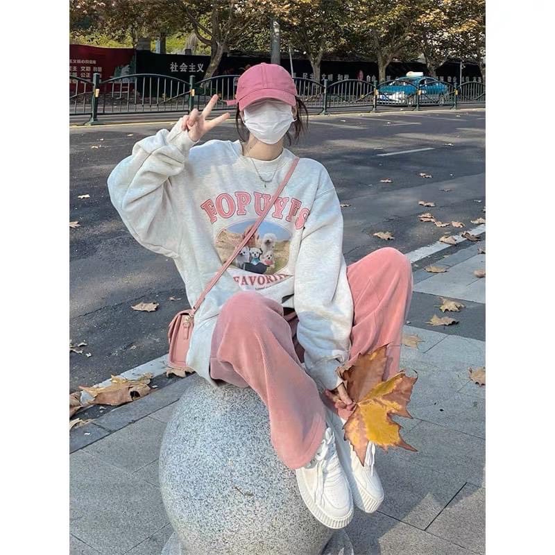 Set Bộ Nỉ Thu Đông Foruyes, áo nỉ Sweater tay bồng kèm quần suông nhung tăm hồng