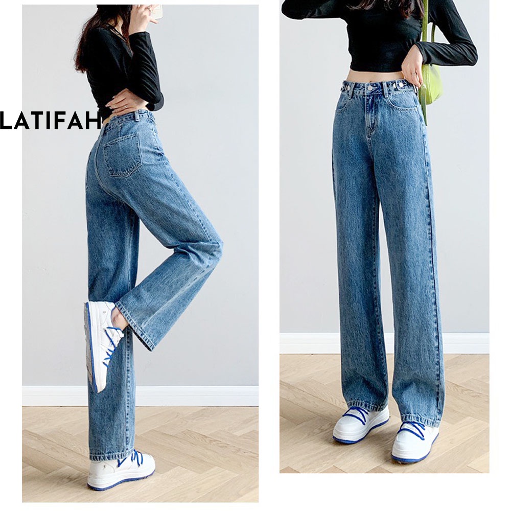 Quần baggy jeans nữ LATIFAH ống rộng dài 98cm gài cúc eo màu xanh nhạt QD041