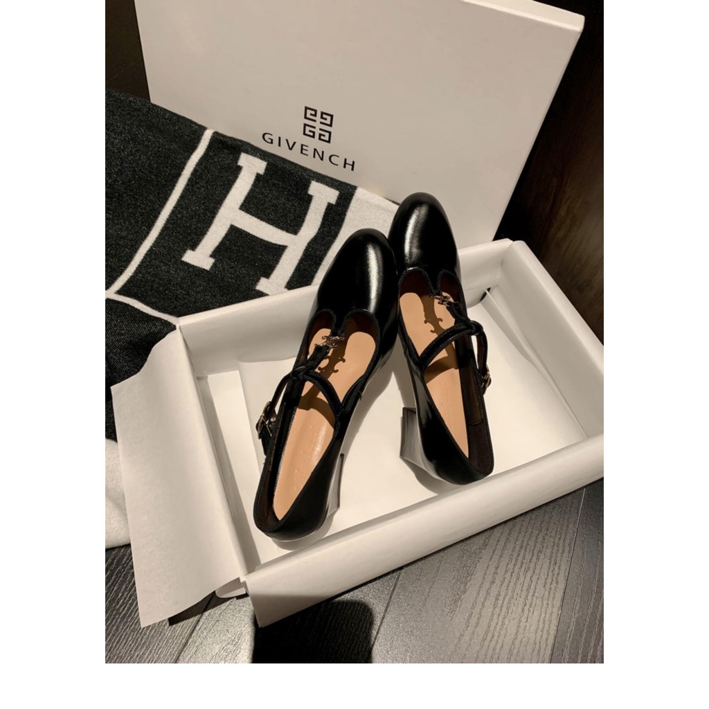 Giày cao gót da mũi tròn phối dây chữ T phong cách Pháp retro