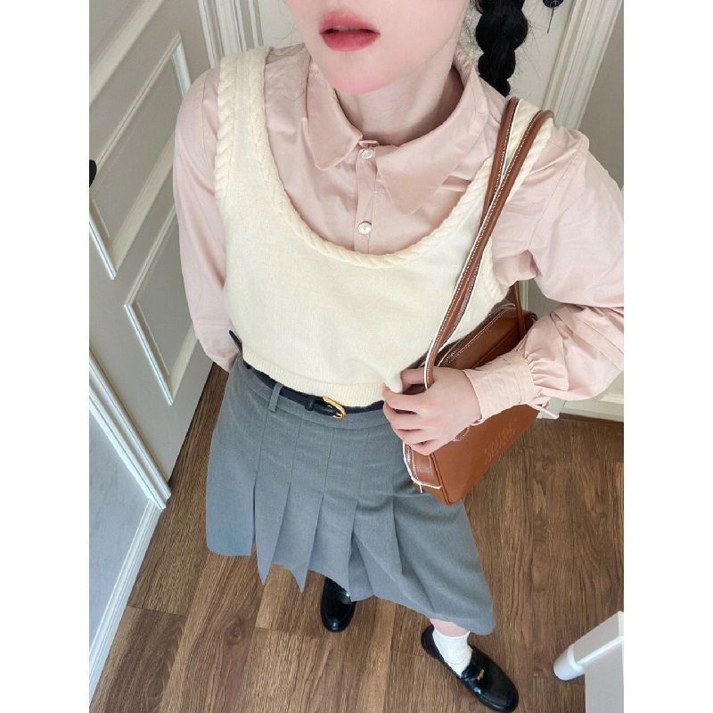 Set Áo Sơ Mi Trơn Màu + Áo Khoác Ghi Lê + Chân Váy Xếp Ly Thời Trang Dành Cho Nữ