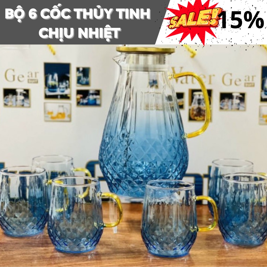 - Bộ 6 Cốc Thủy Tinh Kèm Bình Chịu Nhiệt Phong Cách Châu Âu Sang Trọng Màu Xanh