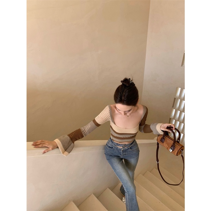 Áo dệt kim ZHELIHANGFEI tay dài cổ vuông hở lưng quyến rũ phong cách thời trang Pháp