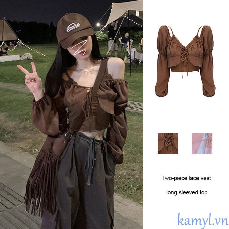 【kamyl】💖Bộ Áo Tay Dài Hai Dây Phối Ren Màu Sắc Ngọt Ngào Thời Trang Mùa Thu Cho Nữ