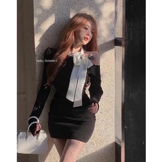 ĐẦM BODY ĐEN KHOÉT VAI VIỀN THẮT NƠ TRẮNG - Đ1456