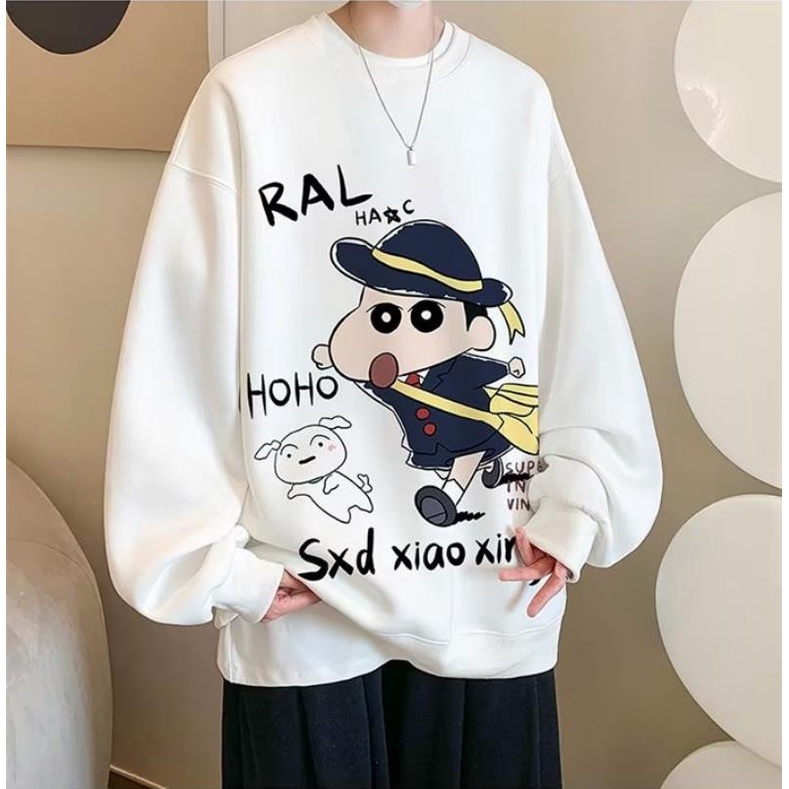 Áo Nỉ Tay Dài Cổ Tròn In Hình Cậu Bé Bút Chì Shin Phong Cách Hàn Quốc Nhật Bản Cho Nam Và Nữ Plus Size M-5XL
