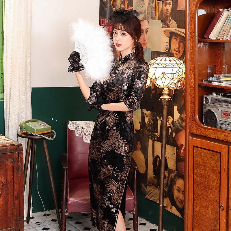 Đầm Sườn Xám Nhung Dáng Dài 3 / 4 Thời Trang Mùa Đông Phong Cách Vintage Mới Cho Nữ Qipao S1863