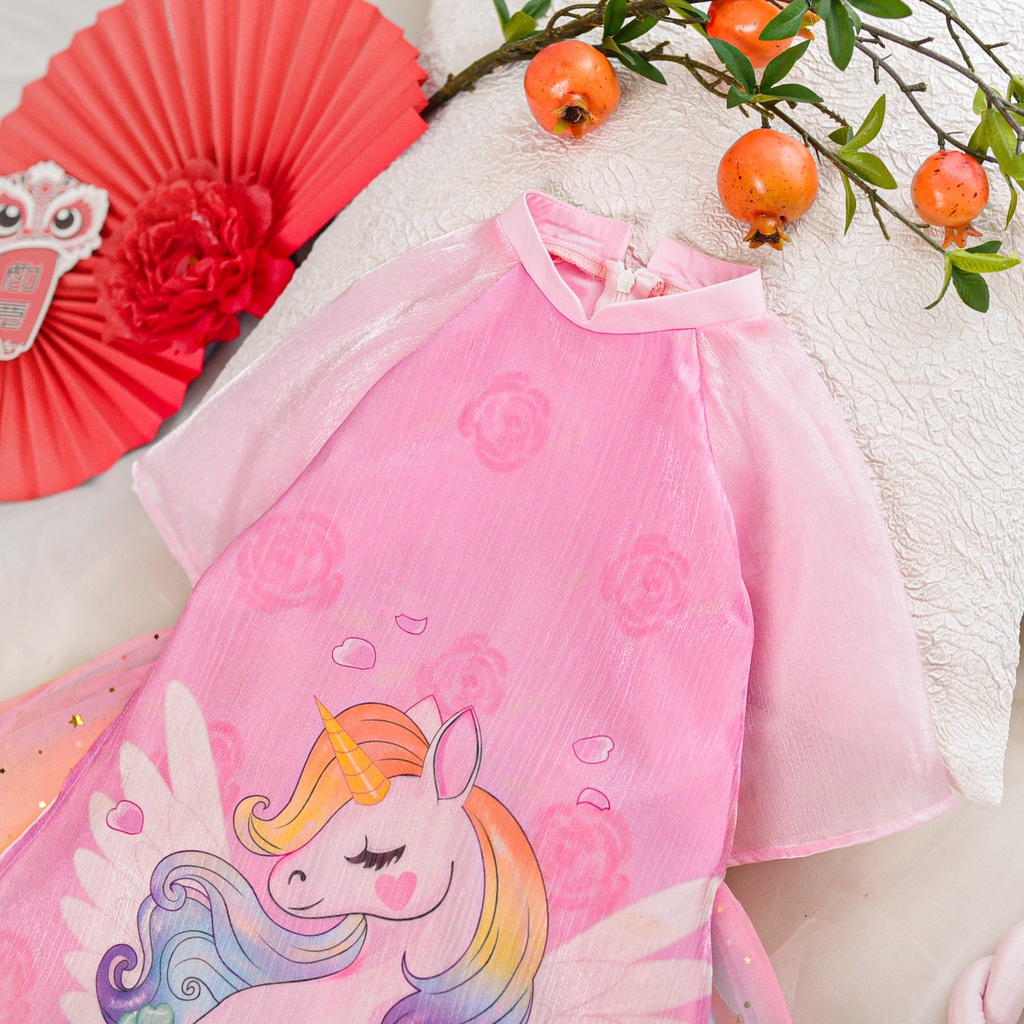 Áo dài bé gái in hoạt hình polly sét áo dài bé gái chất liệu tơ xước ánh kim kèm chân váy cầu vòng đủ size