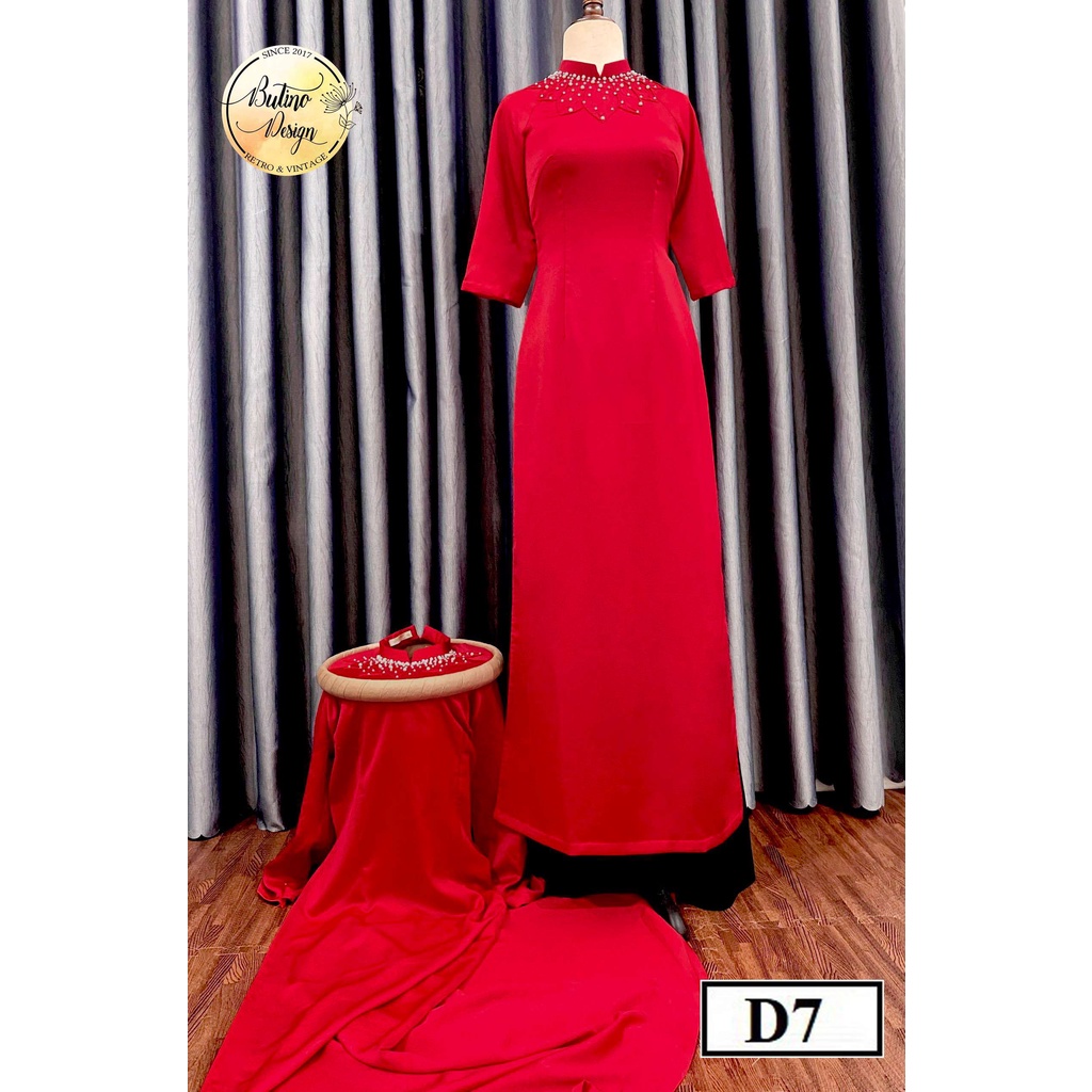 Áo dài Đỏ Ngọc Liên D7 A đính đá thêu tay thủ công thời trang nữ thiết kế Cao Cấp BUTINO SHOP