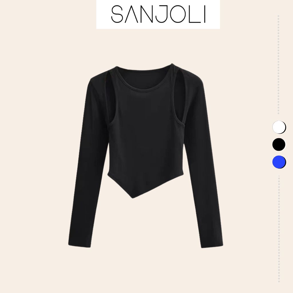 Áo croptop nữ tay dài Sanjoli kiểu ba lỗ ôm body chất len gân hở vai vạt nhọn mùa thu đông phong cách ulzzang đẹp AO011