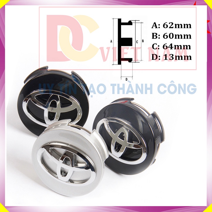Biểu tượng logo Toyota chụp mâm, vành, bánh xe ô tô kích thước 62mm - 5 màu - Mã: TOYOTA62
