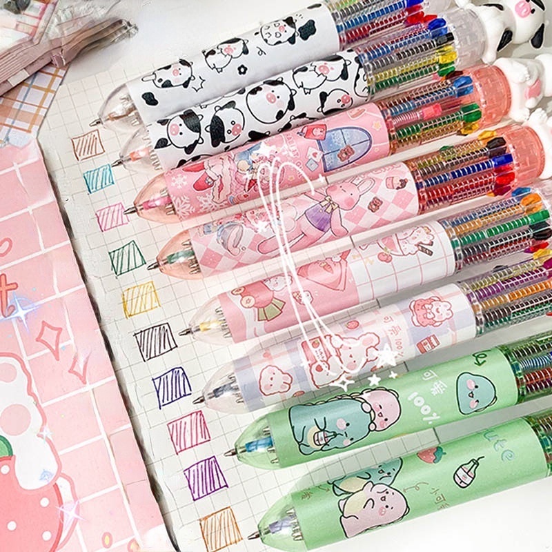 1 Bút Bi / 10 Lõi Thay Đổi Màu Sắc Hình Thỏ / Gấu Hoạt Hình Đáng Yêu