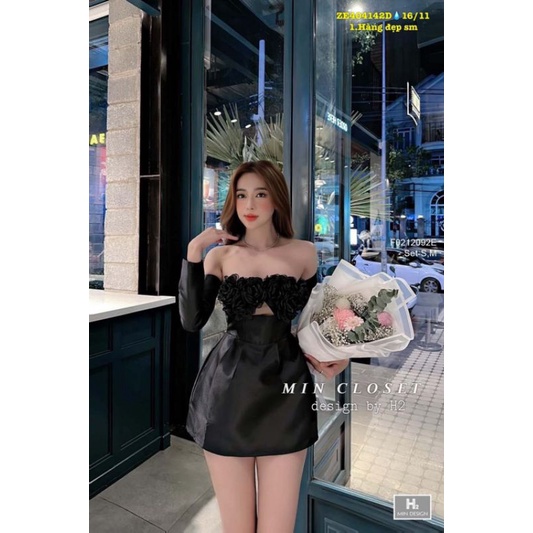 Set quần short kèm áo tay dài rớt vai ngực đính hoa 0212