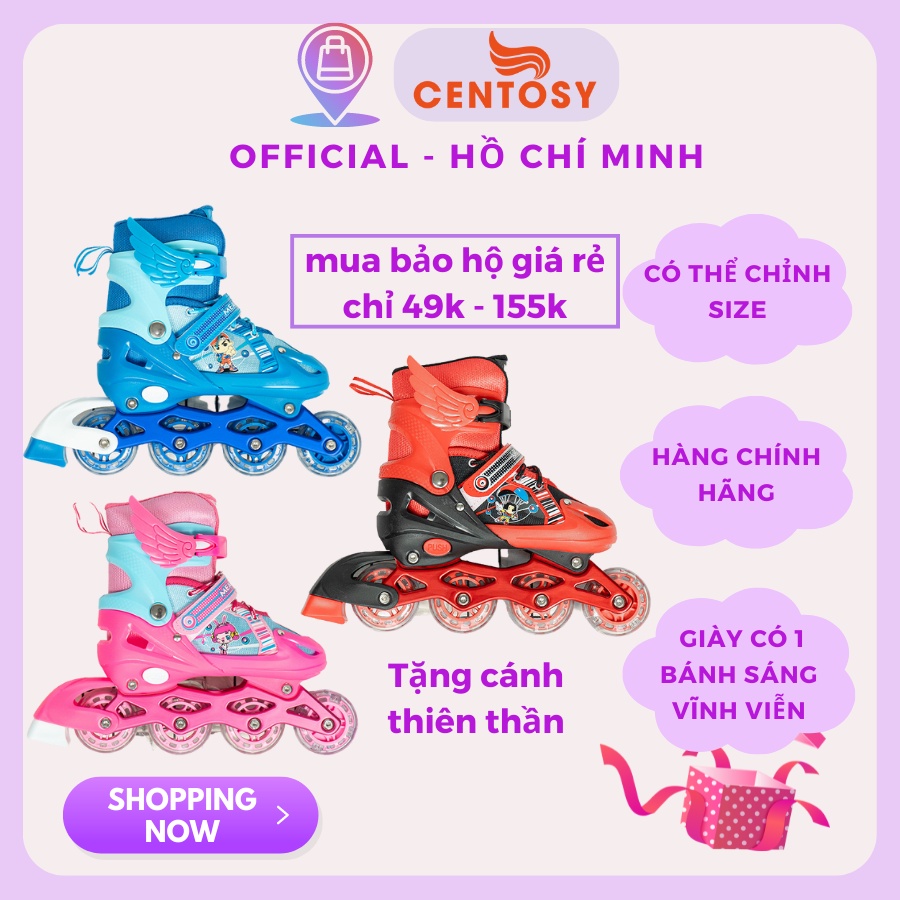 Giày Trượt Patin Centosy Measin Mua Kèm Full Bảo Hộ Cao Cấp - Bánh Phát Sáng, Batin Trẻ Em Tăng Chỉnh 3 Size Cho Bé