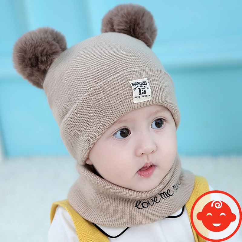 Mũ len 2 quả bông KÈM KHĂN cho bé
