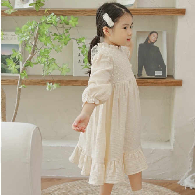 Váy bé gái Sora.bébé Ceclie Dress chất liệu muslin phối ren thêu hoa cao cấp