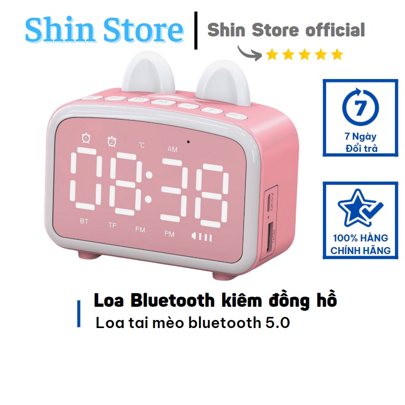 Loa bluetooth tai mèo mini mặt đồng hồ , loa di động tích hợp đèn ngủ và báo thức -SHINSTORE