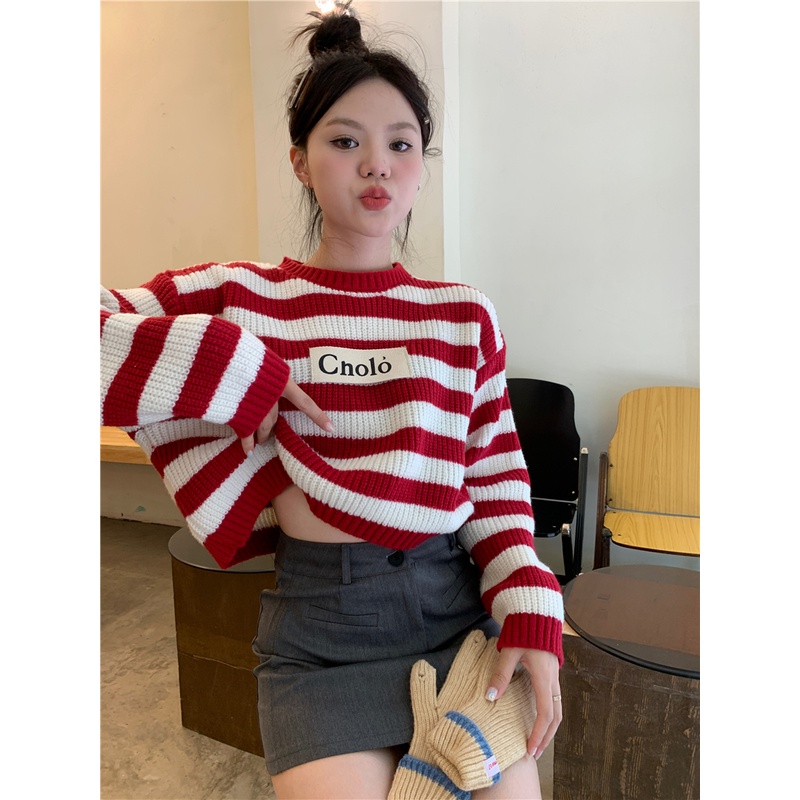 Porozi  Áo sweater Nữ Tay Dài Kẻ Sọc Ngang In Chữ Phong Cách Hàn Quốc