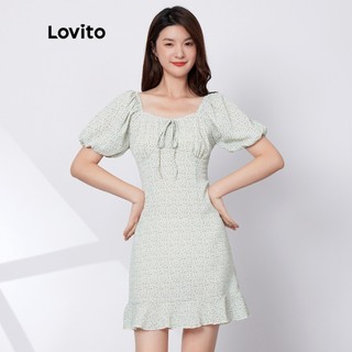Đầm đuôi cá Lovito cột dây tay phồng lai bèo xếp nếp họa tiết hoa màu trơn phong cách thường ngày L29ED026 (màu xanh dương)