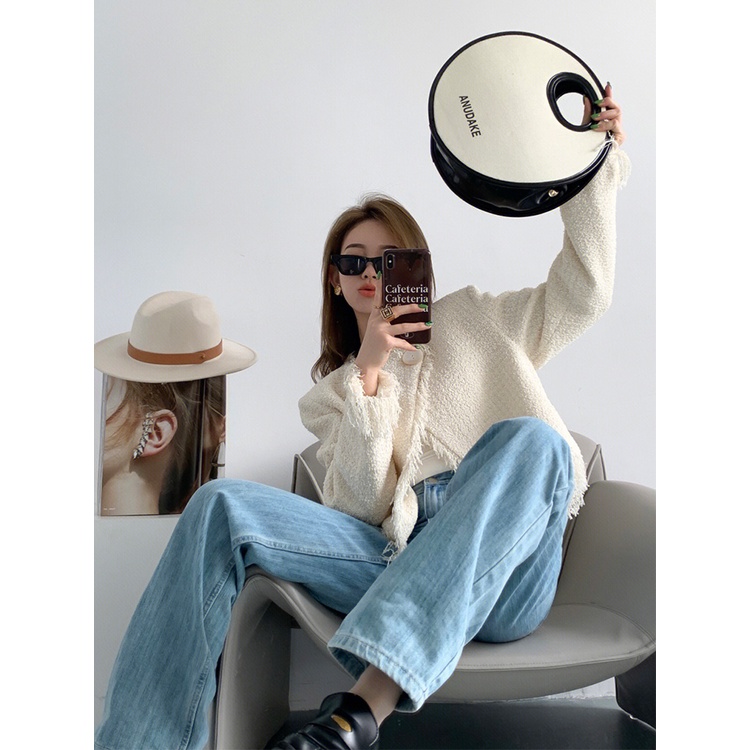 Áo Khoác Cardigan Dệt Kim Tay Dài Dáng Rộng Phối Tua Rua Phong Cách Cổ Điển Thời Trang Mùa Thu Mới 2022