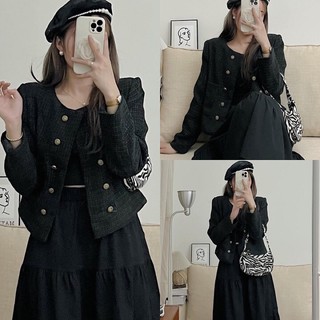 Áo tweed dạ trơn basic cài khuy dáng ngắn